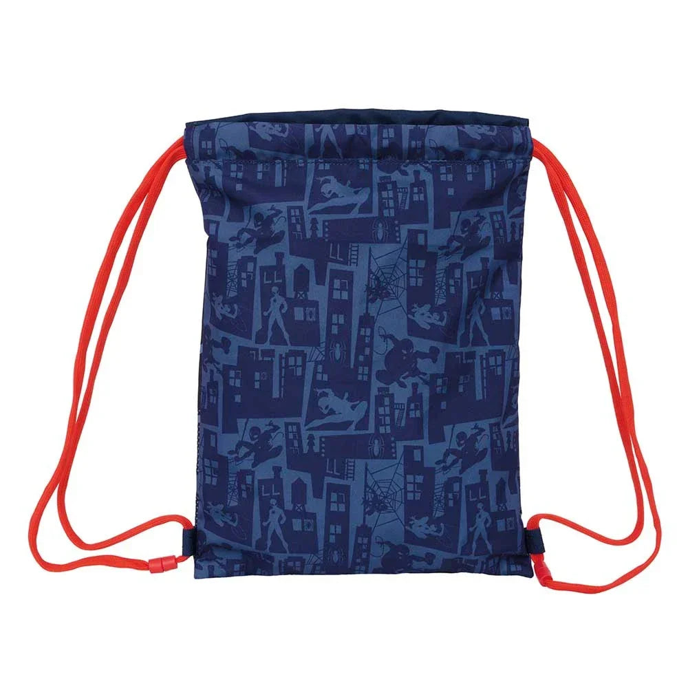 Blauer Turnbeutel mit Spiderman-Muster und roten Kordeln