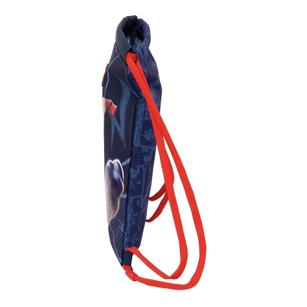 Blauer Turnbeutel mit roten Kordeln und Spiderman-Motiv