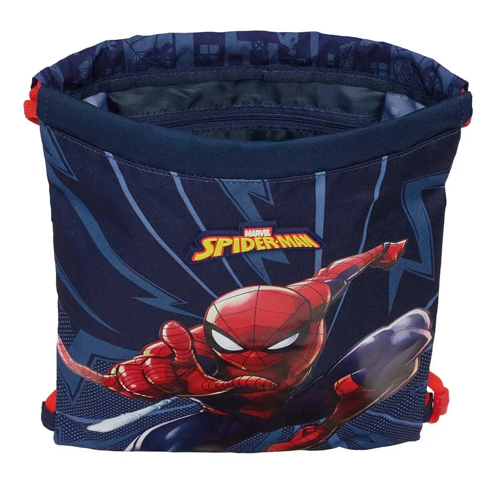 Dunkelblauer Turnbeutel mit Spider-Man-Motiv und rotem Kordelzug