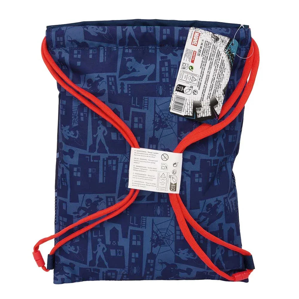 Blauer Turnbeutel mit Spider-Man-Motiv und roten Kordeln