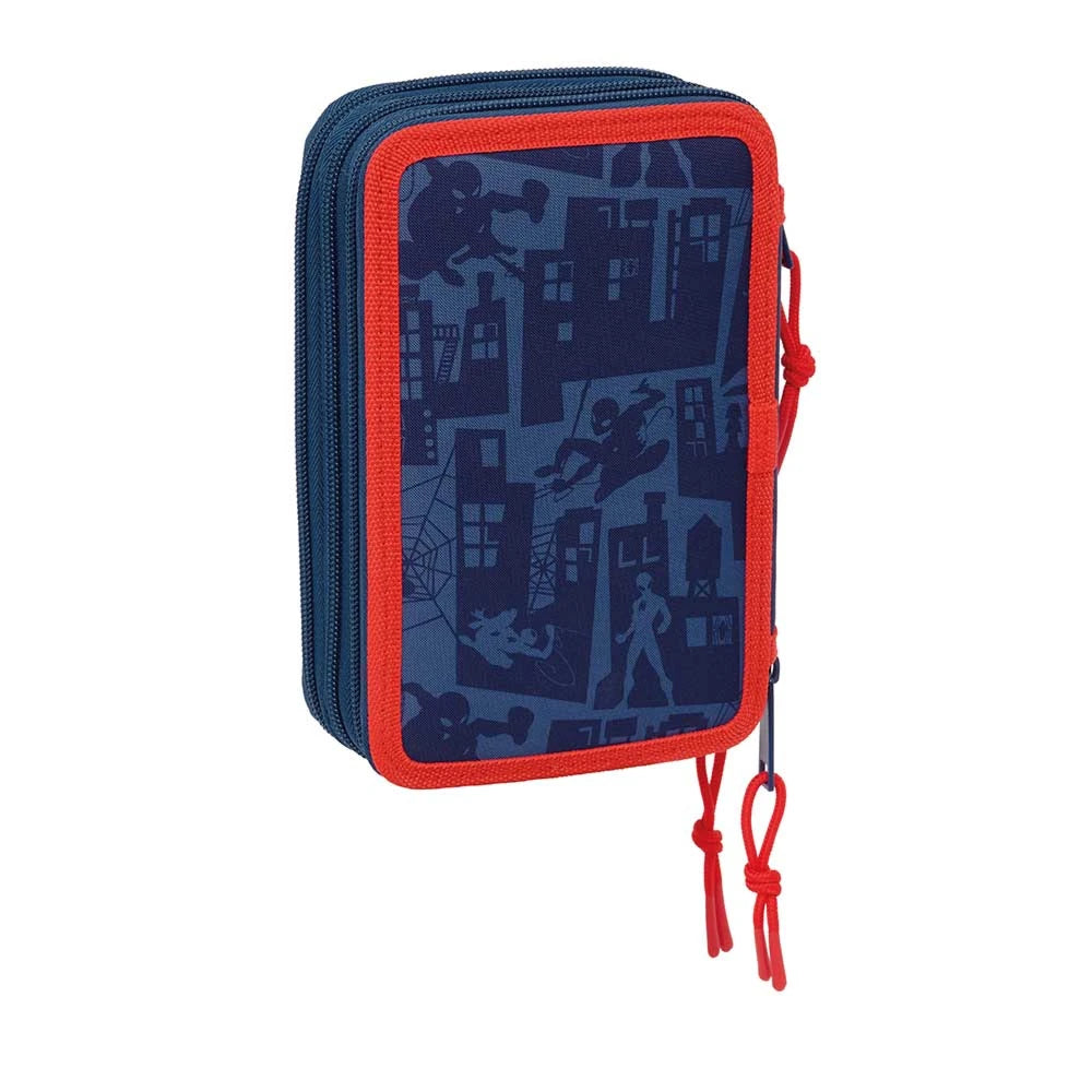 Blaues Federmäppchen mit Spiderman-Motiv und rotem Reißverschluss