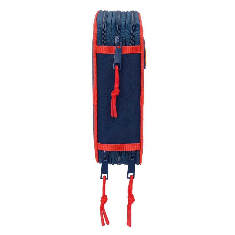 Dunkelblaue Federtasche mit roten Reißverschlüssen und roten Kordeln