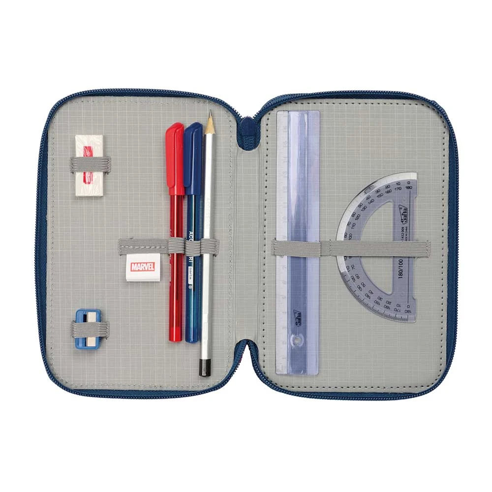 Offenes Federmäppchen mit Stiften, Bleistift, Radiergummi, Lineal und Winkelmesser