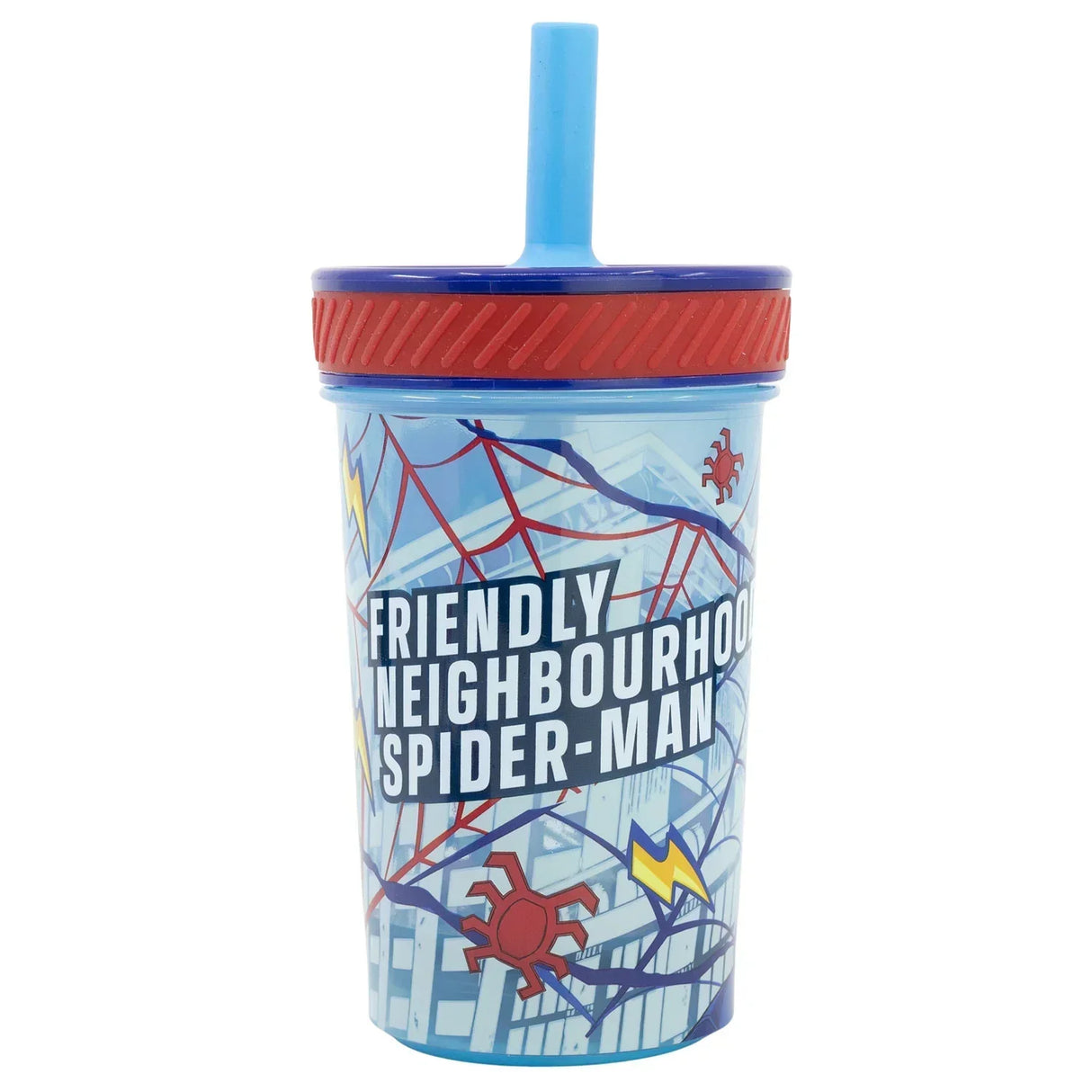 Hellblauer Trinkbecher mit Strohhalm und Spider-Man Motiv