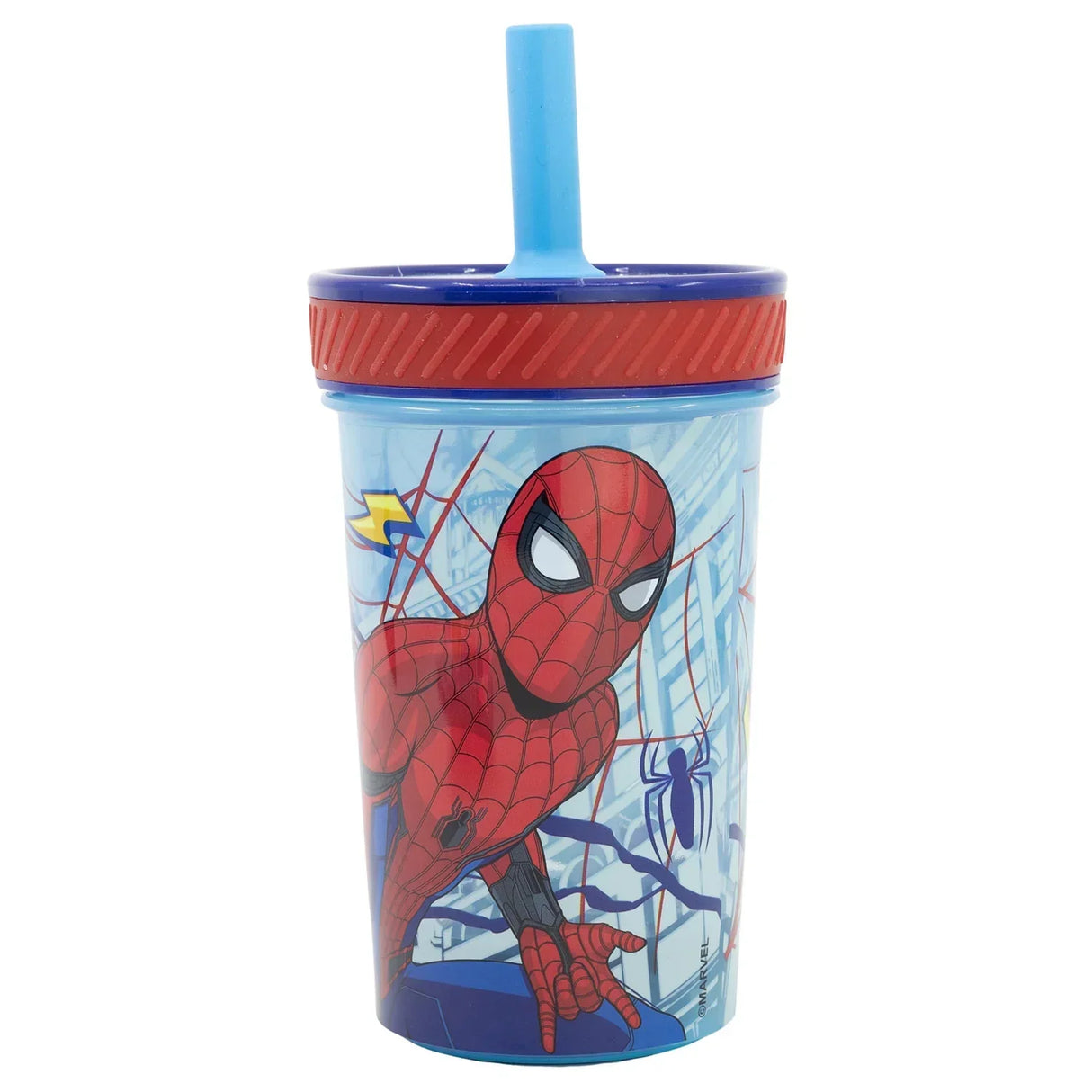 Trinkbecher aus Kunststoff mit Spiderman Motiv und blauem Strohhalm