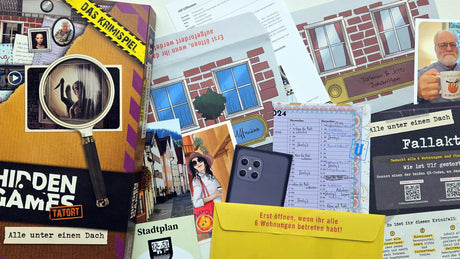 Ein Krimispiel-Set mit Lupe, Stadtplan, Kalender und Fallakten