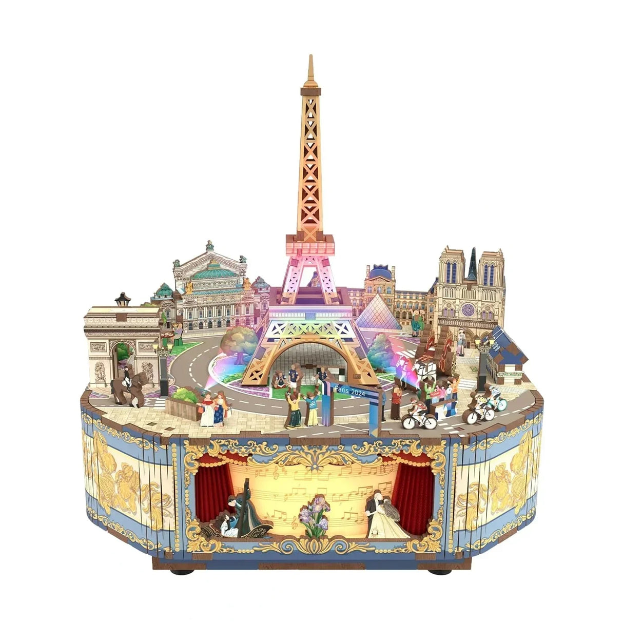 Pariser Spieluhr mit Eiffelturm, Arc de Triomphe, Notre Dame und Oper, beleuchtet