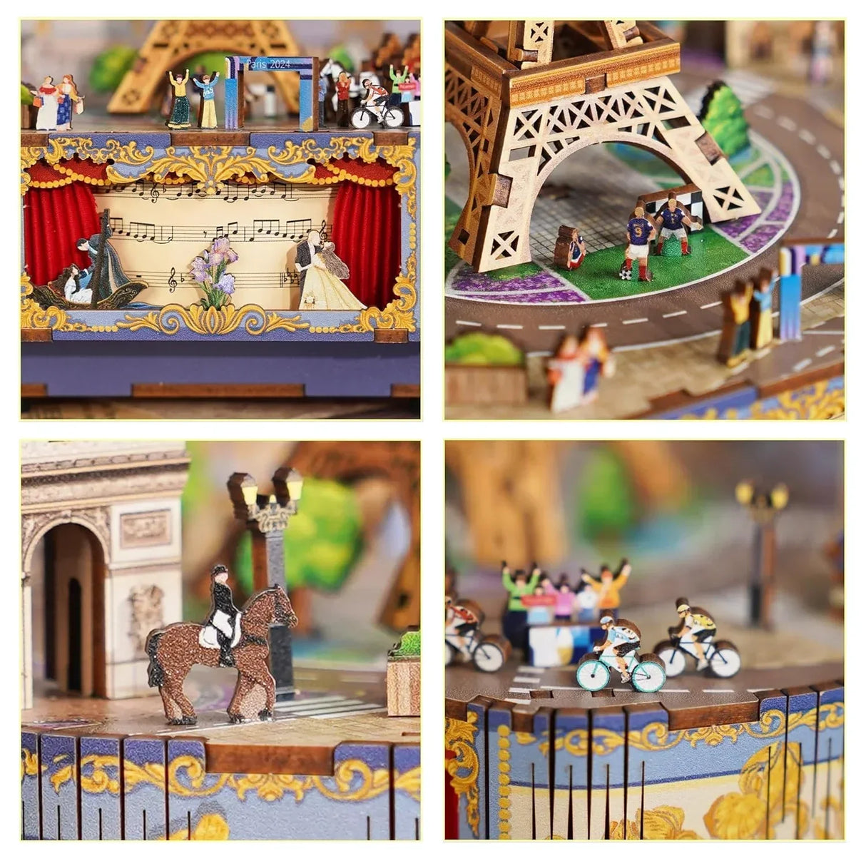 Vier Bilder zeigen ein Miniatur-Paris mit Eiffelturm, Arc de Triomphe, Radfahrern und einem Theaterstück
