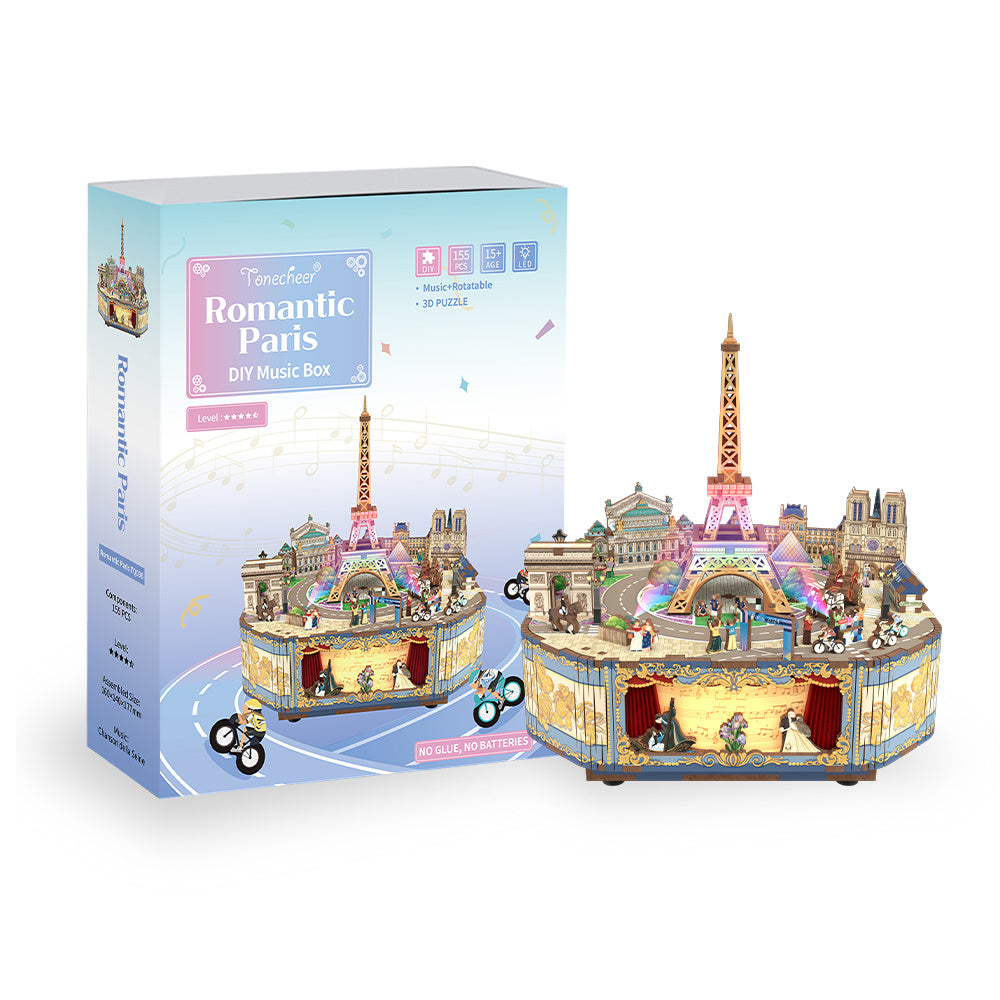 Tonecheer Romantisches Paris DIY Spieluhr 3D Puzzle mit Eiffelturm und Gebäuden