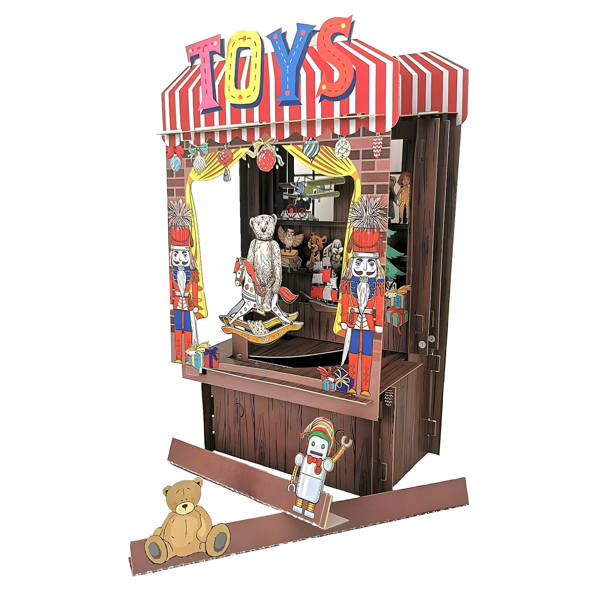 Spielzeugladen aus Pappe mit Nussknackern und Teddybär