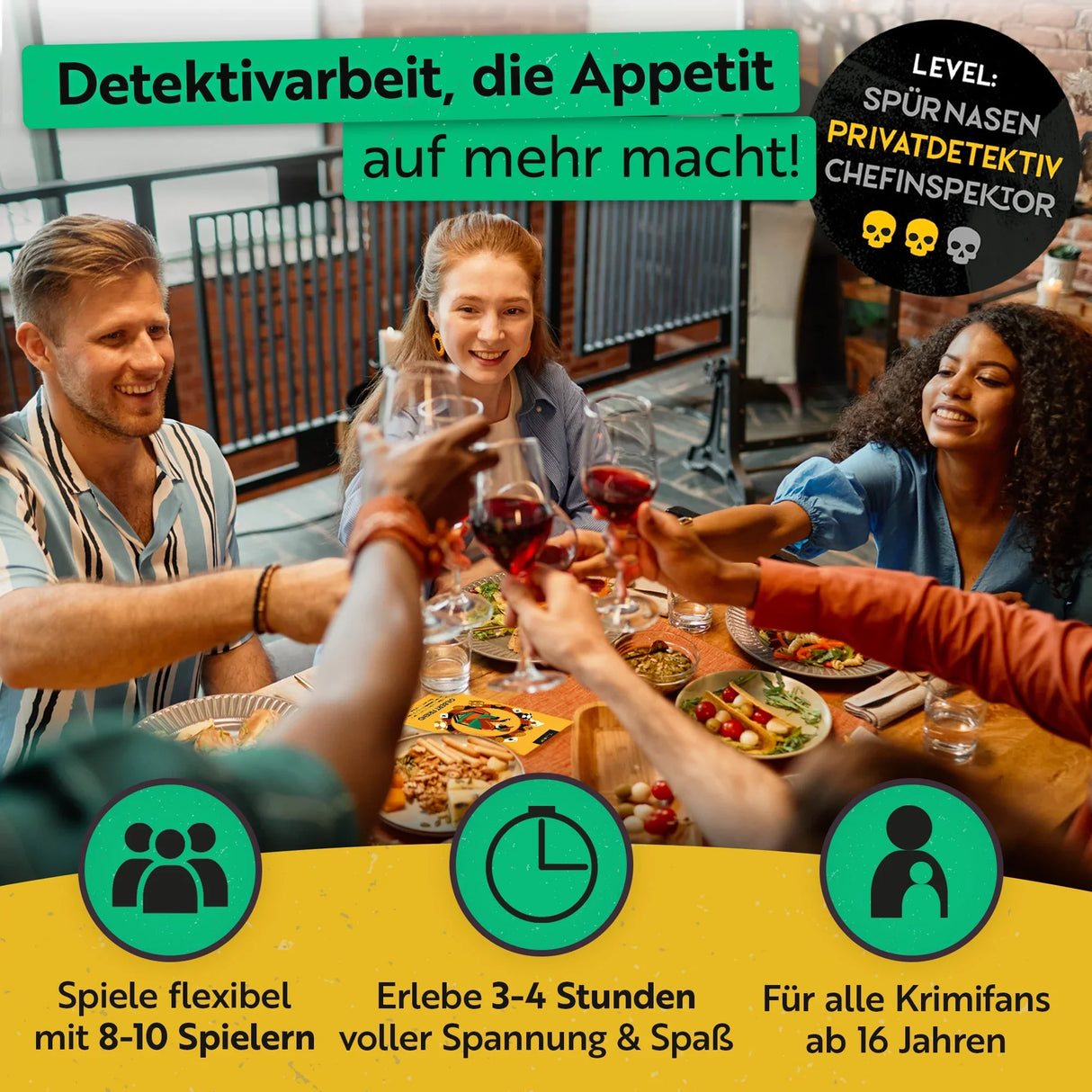 Gruppe von Freunden stößt mit Weingläsern an einem Esstisch an