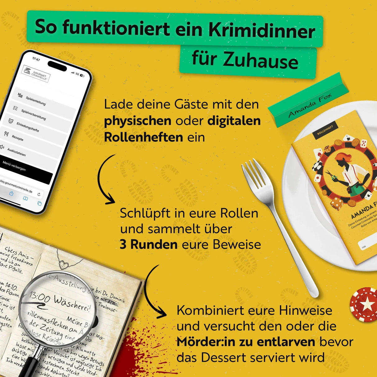 Anleitung für ein Krimidinner zu Hause mit Smartphone, Rollenheft, Gabel und Notizbuch