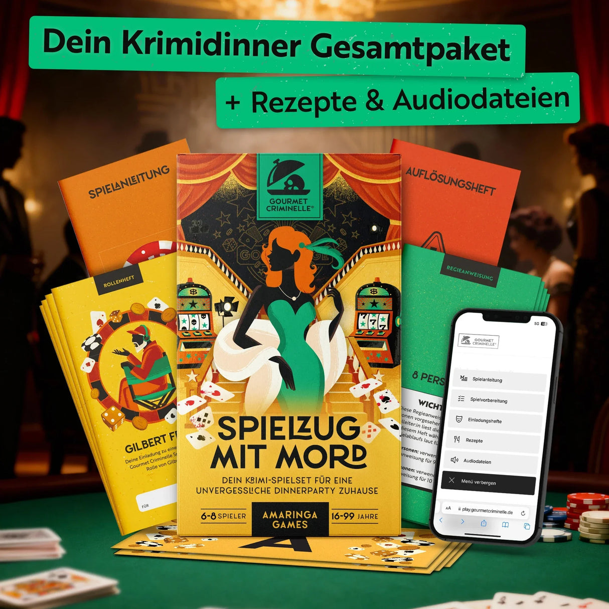 Krimidinner-Gesamtpaket mit Rezepten und Audiodateien auf einem Spieltisch