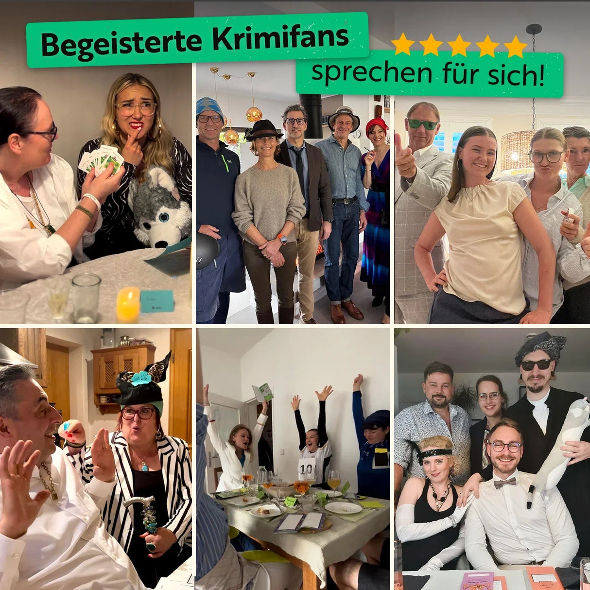 Collage von sechs Bildern von Menschen, die Krimispiele spielen und sich verkleiden