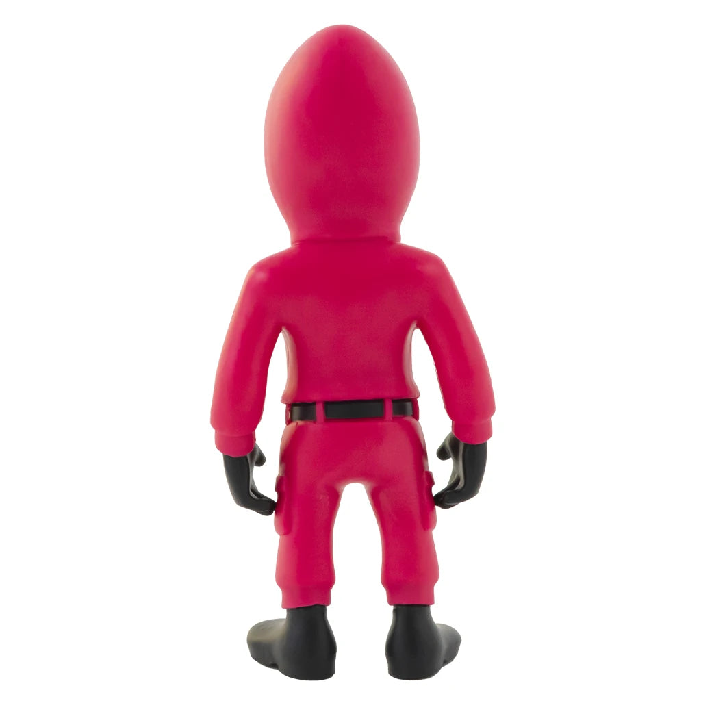 Rote Spielfigur mit eiförmigem Kopf, schwarzem Gürtel, Handschuhen und Stiefeln, Rückansicht