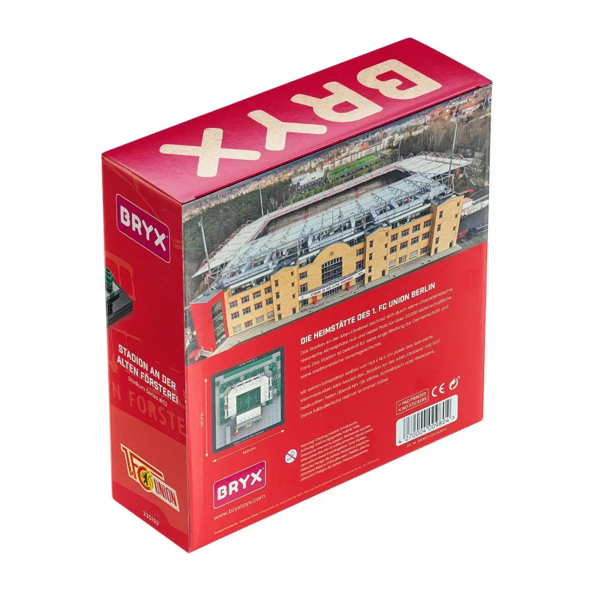 Rote Schachtel mit Stadion An der Alten Försterei Modell und Text