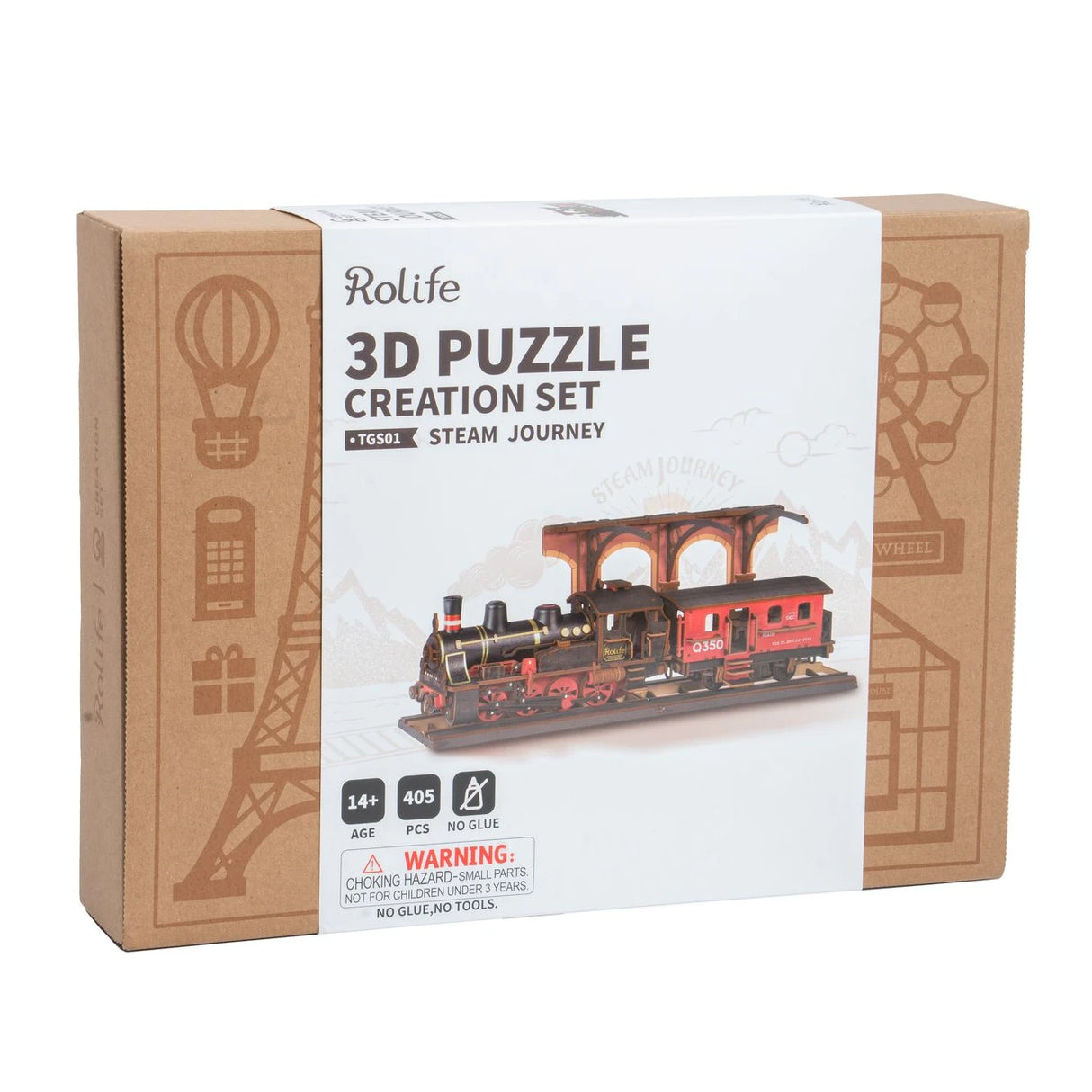 Rolife 3D Puzzle Creation Set Steam Journey Modellzug auf einer braunen Box