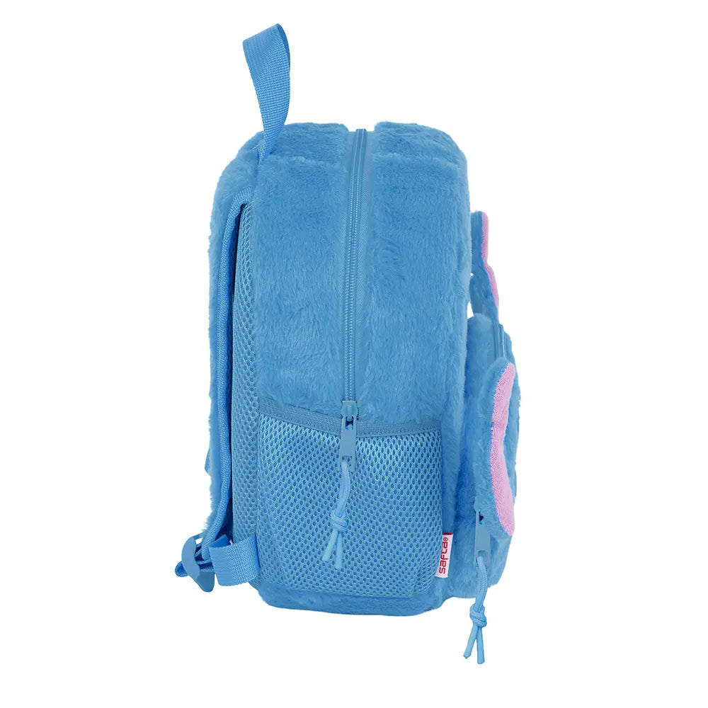 Blauer Plüsch-Rucksack mit Reißverschluss und Netzseitentasche