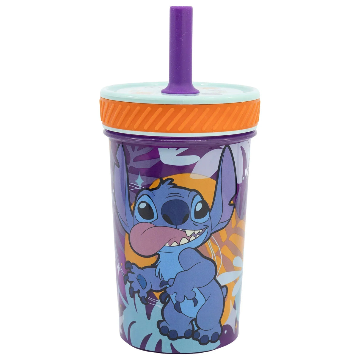 Trinkbecher mit Stitch Motiv und violettem Strohhalm