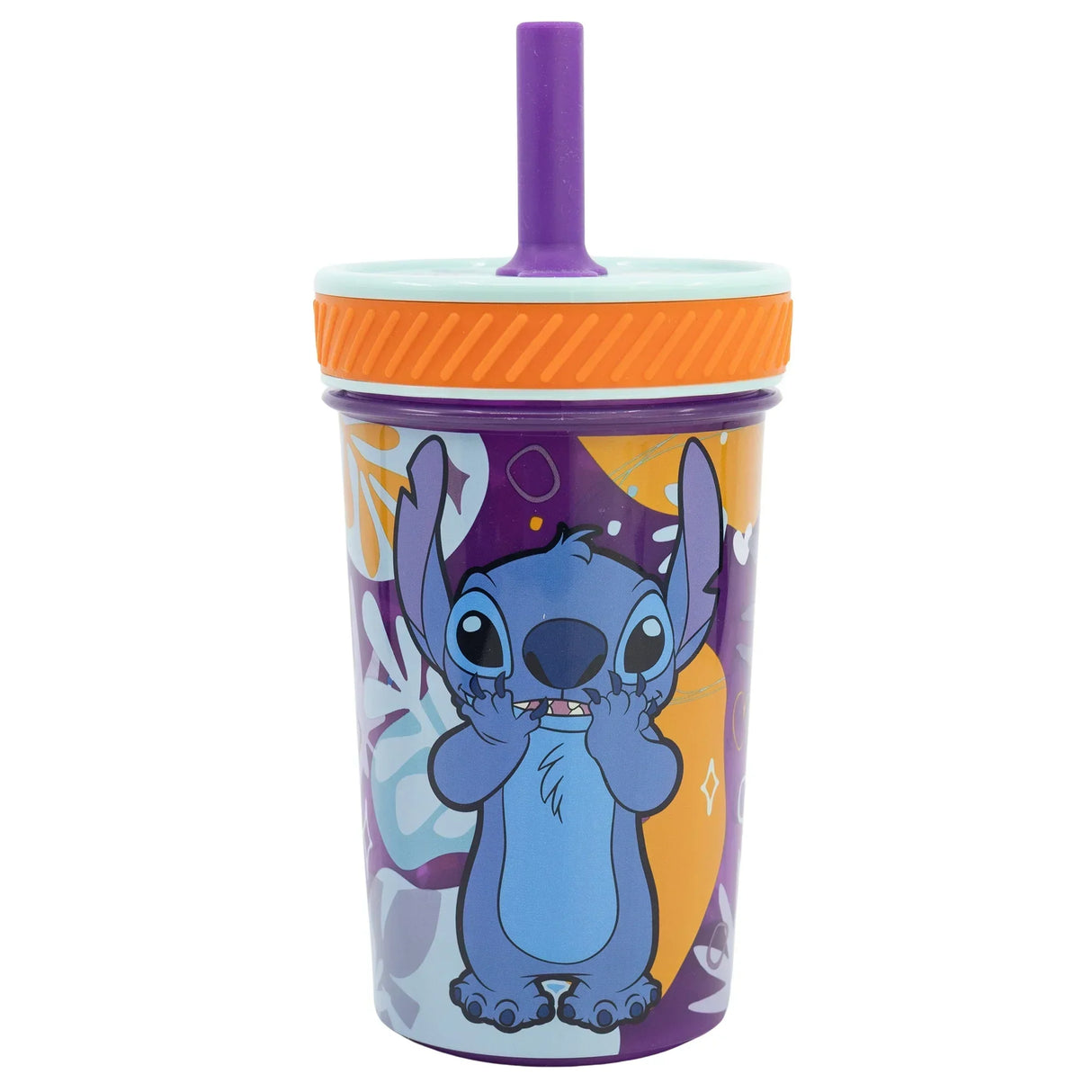 Lila Trinkbecher mit Strohhalm und Stitch Motiv
