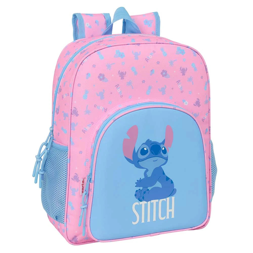 Rosa und blauer Rucksack mit Stitch-Motiv und Aloha-Muster
