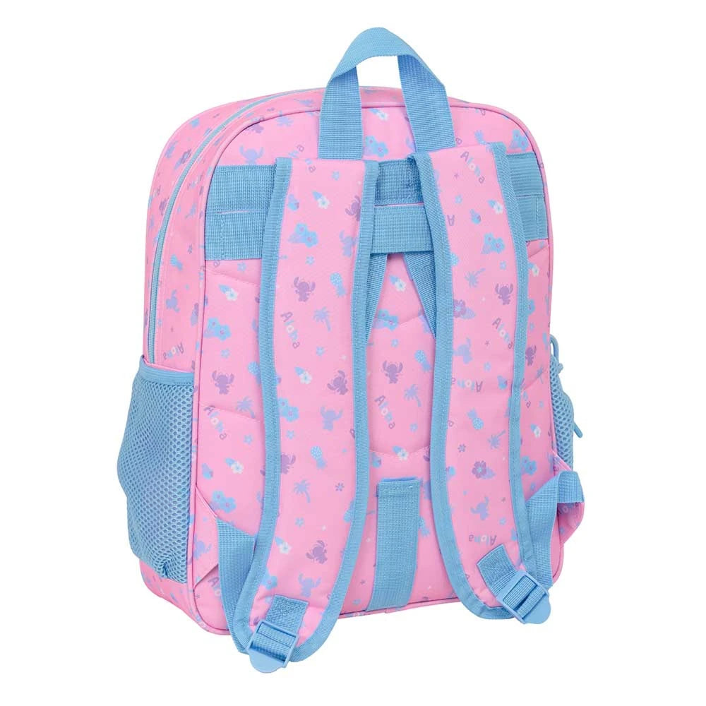 Rosa Rucksack mit blauem Stitch-Muster und verstellbaren Trägern