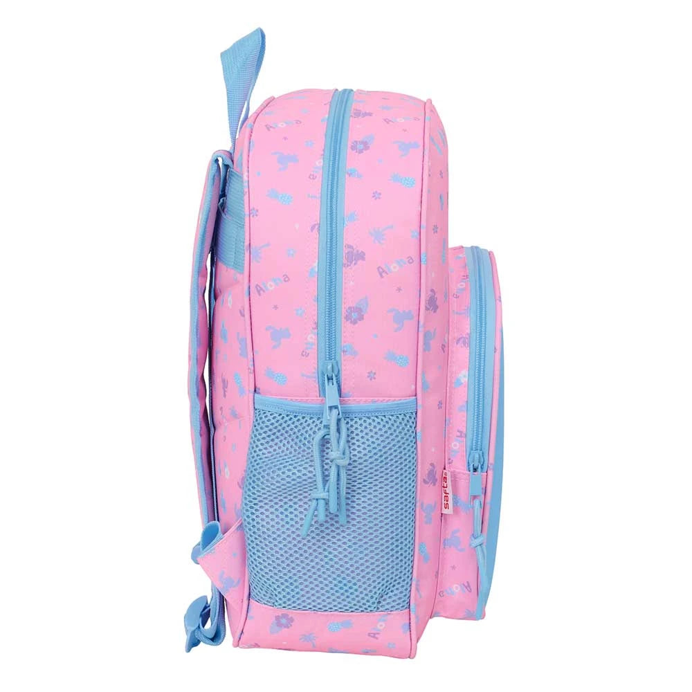 Rosa Rucksack mit blauen Reißverschlüssen und Netzseitentasche