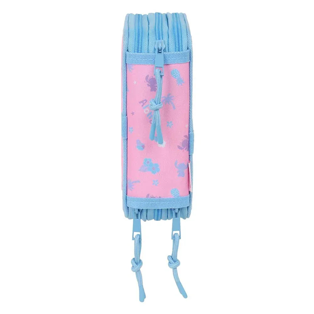 Rosa Federmäppchen mit blauen Reißverschlüssen und Stitch-Motiven