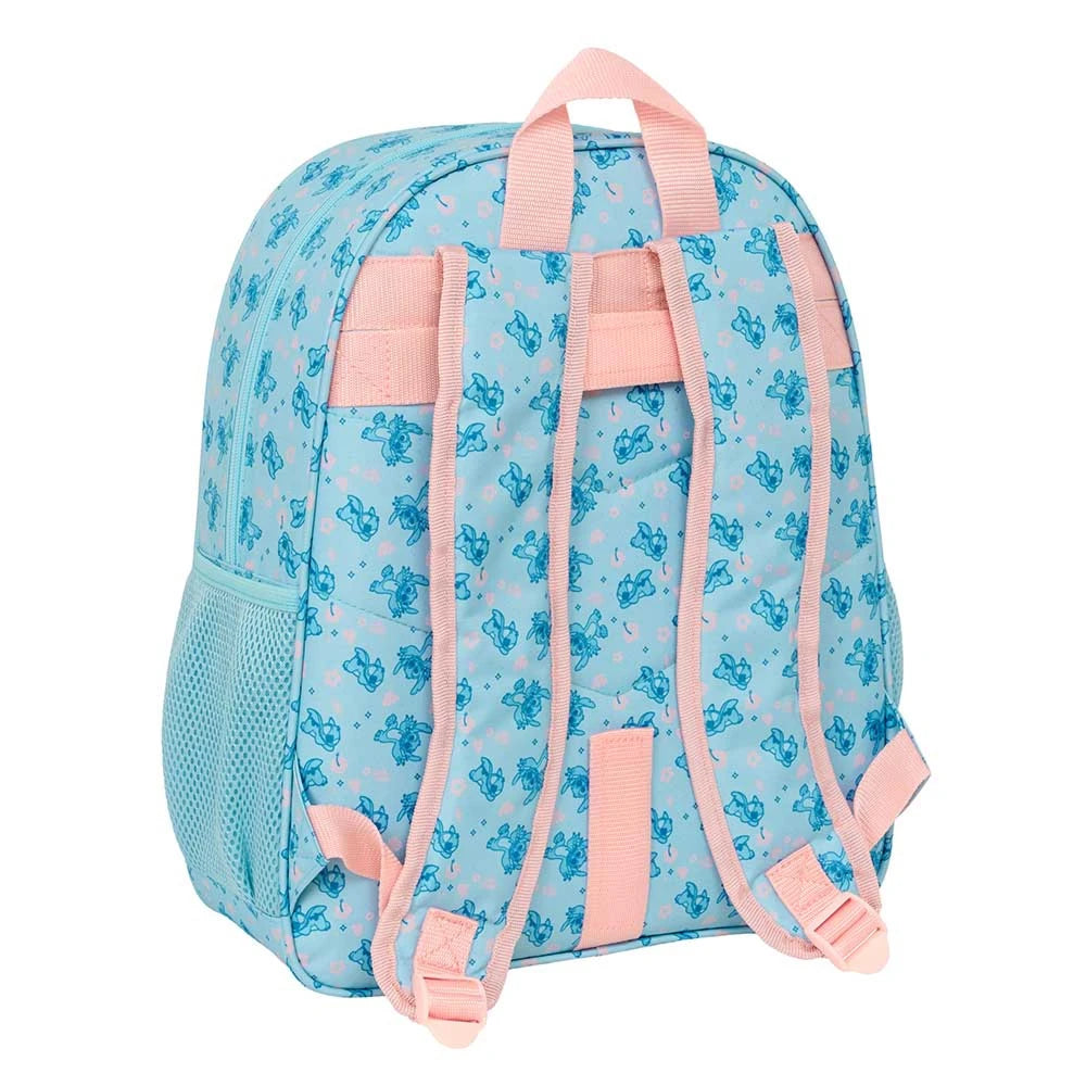 Blauer Rucksack mit Stitch-Muster und rosa Trägern