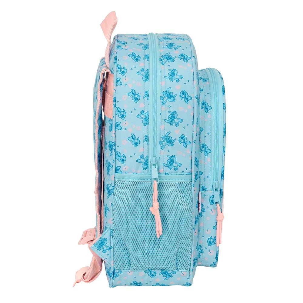 Blauer Rucksack mit Stitch-Motiven und rosa Reißverschlüssen