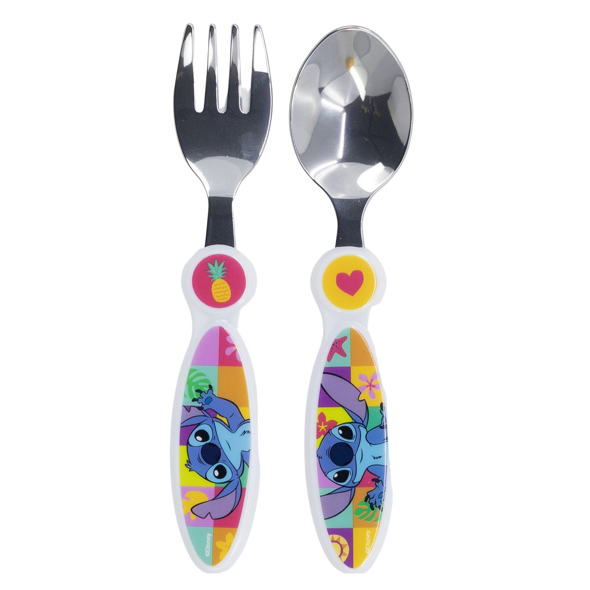 Kinderbesteck Set mit Gabel und Löffel mit Stitch Motiv und bunten Mustern