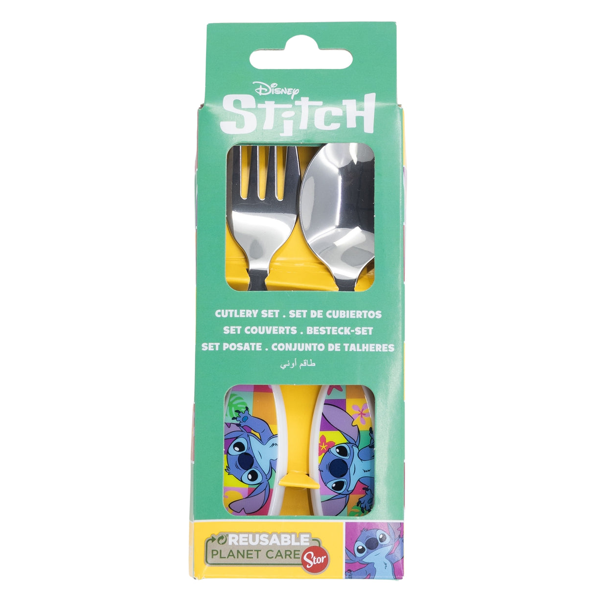 Disney Stitch Besteckset mit Gabel und Löffel in grüner Verpackung