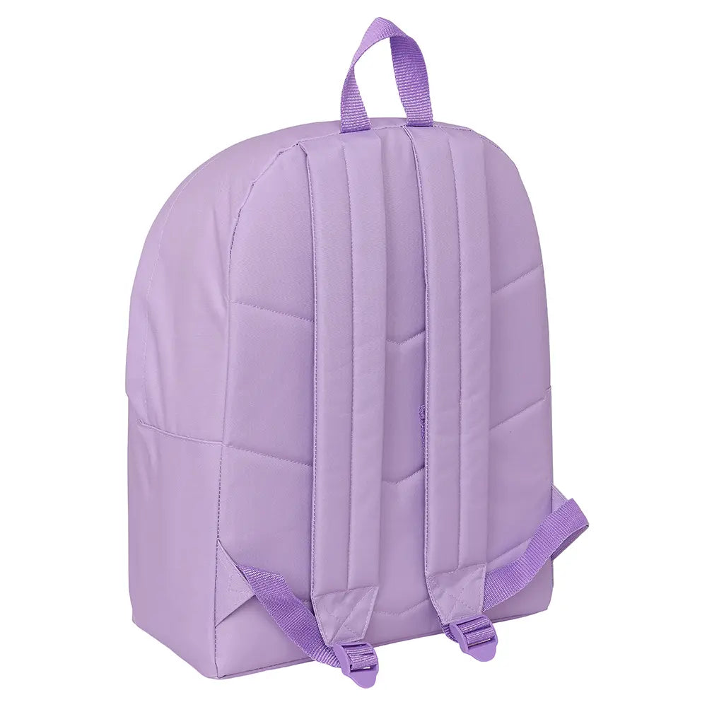 Rückseite eines lila Rucksacks mit gepolsterten Schultergurten und einem Tragegriff