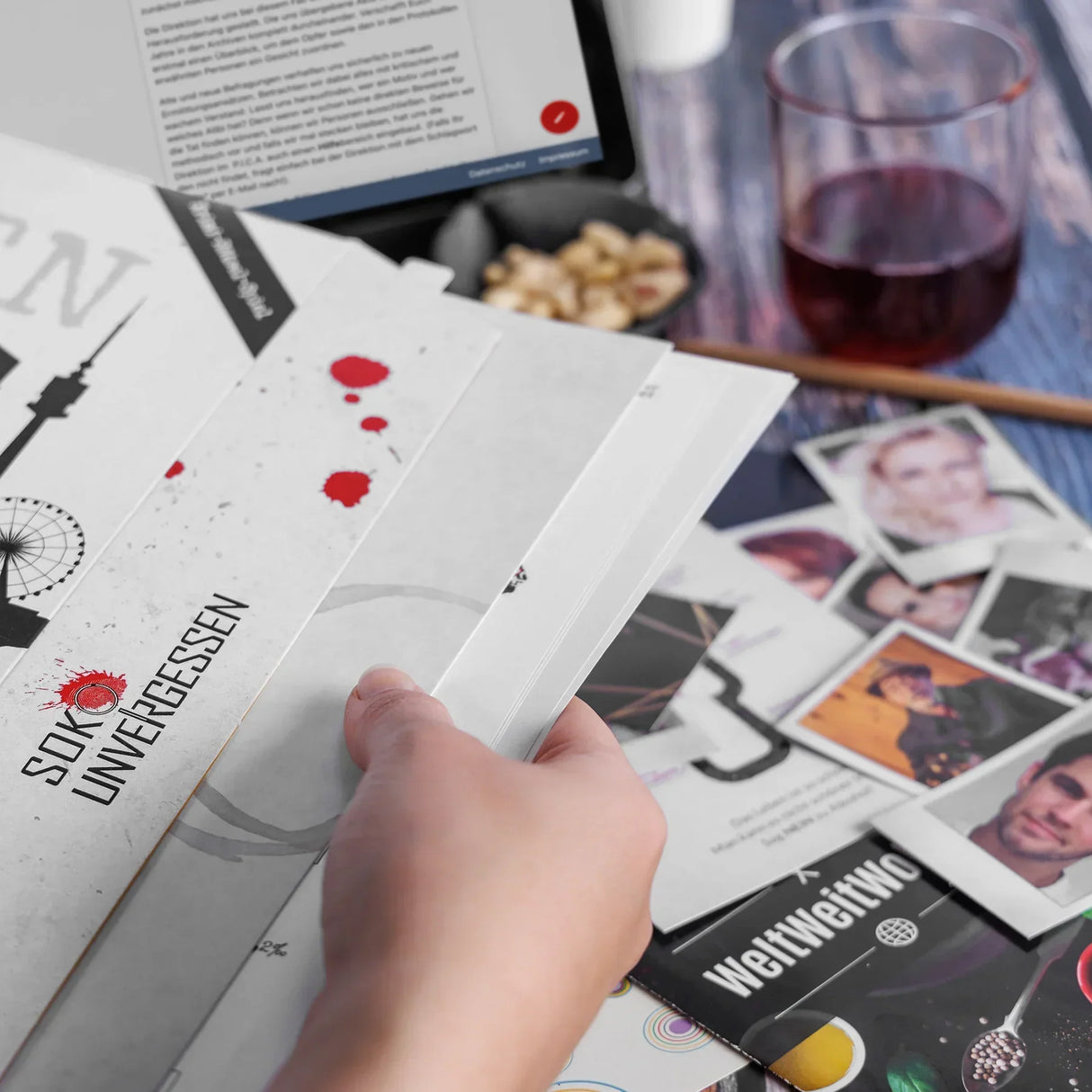 Hand hält Unterlagen eines Krimispiels mit Fotos und Dokumenten auf einem Schreibtisch