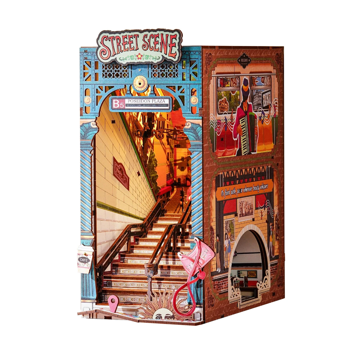Miniatur-Diorama einer Straßenszene mit Treppen, Gebäuden und einem Schild mit der Aufschrift „Street Scene“