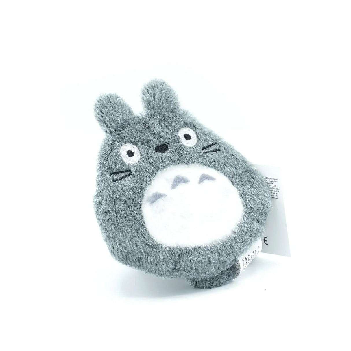 Graue Totoro Plüschfigur mit weißem Bauch und Ohren vor weißem Hintergrund