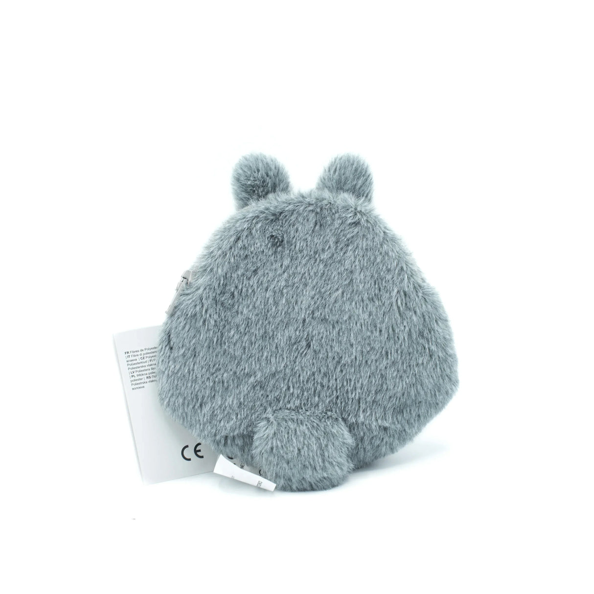 Graue Plüschtasche in Tierform mit Ohren und Schwanz von hinten