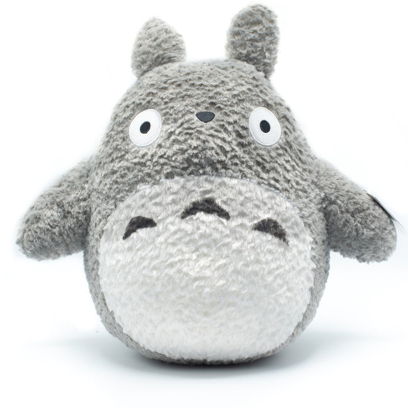 Graues Totoro Plüschtier aus weichem Material mit weißem Bauch und drei dunklen Markierungen