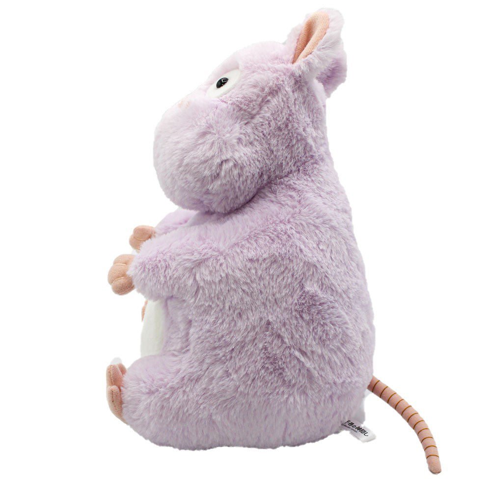 Hellviolettes Plüschtier in Form einer Maus mit rundem Körper und langem Schwanz