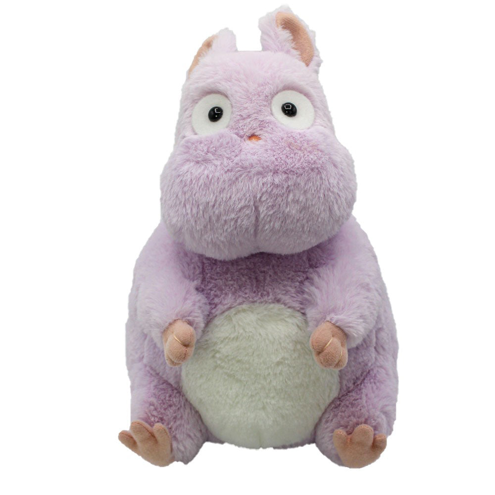 Lila Plüschfigur mit weißem Bauch und großen Augen