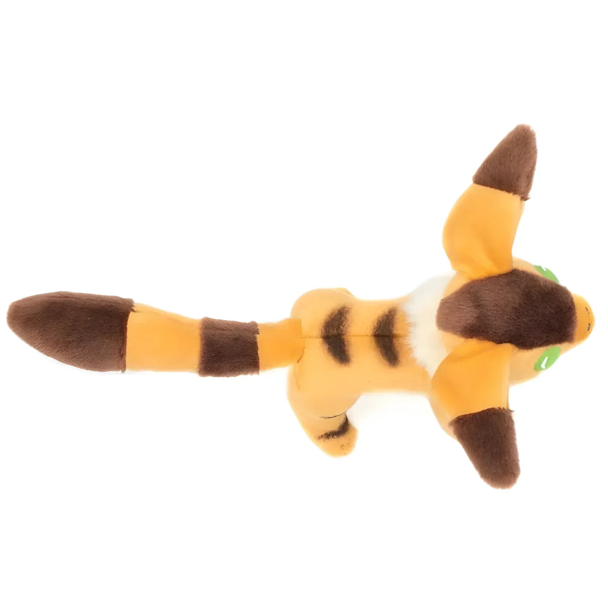 Plüschtier in Form einer Katze mit orangefarbenem Körper, braunen Streifen und grünen Augen