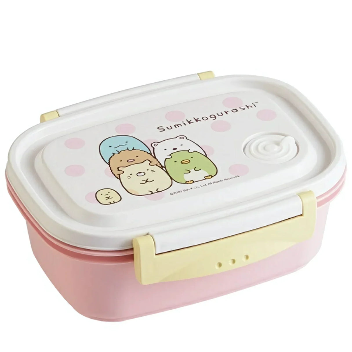 Sumikkogurashi Lunchbox in Rosa mit weißen Deckel und gelben Verschlüssen