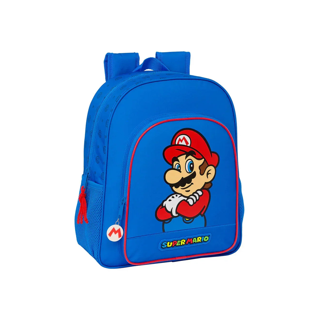 Blauer Rucksack mit Super Mario Motiv und rotem Reißverschluss
