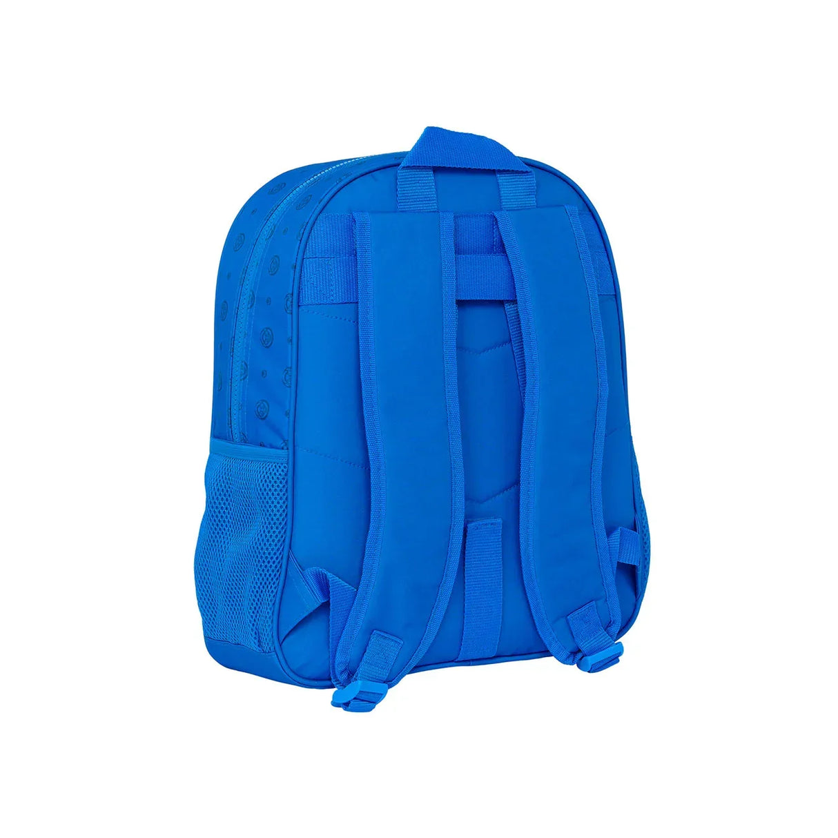 Blauer Rucksack von hinten mit verstellbaren Schultergurten und seitlicher Netztasche