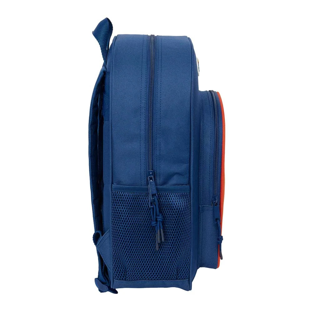 Blauer Rucksack mit orangefarbenen Akzenten und Netztasche an der Seite