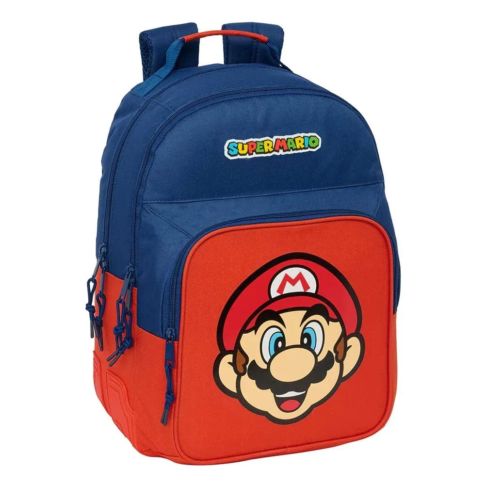 Super Mario Rucksack in Blau und Rot mit Mario-Gesicht auf der Vordertasche