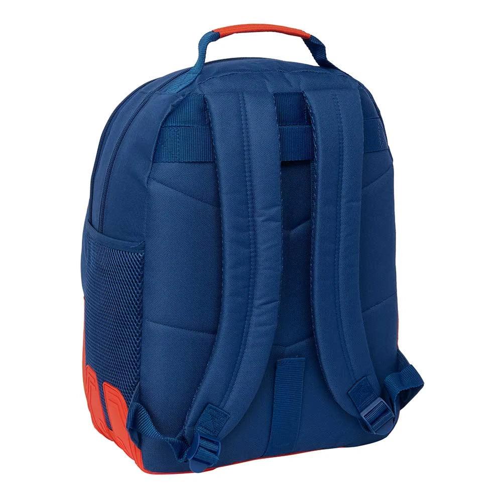 Rückseite eines blauen Rucksacks mit roten Akzenten und gepolsterten Trägern