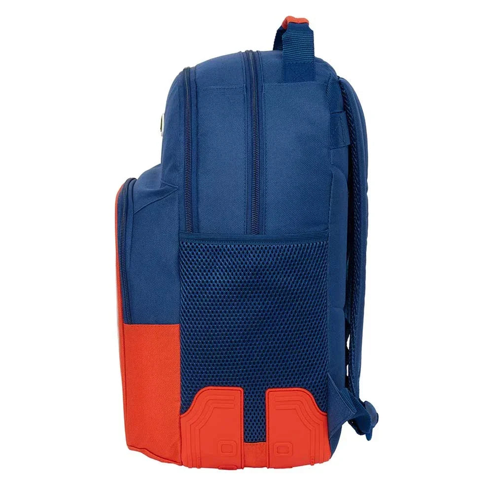 Blauer und oranger Rucksack mit Netzseitentasche und gepolstertem Boden
