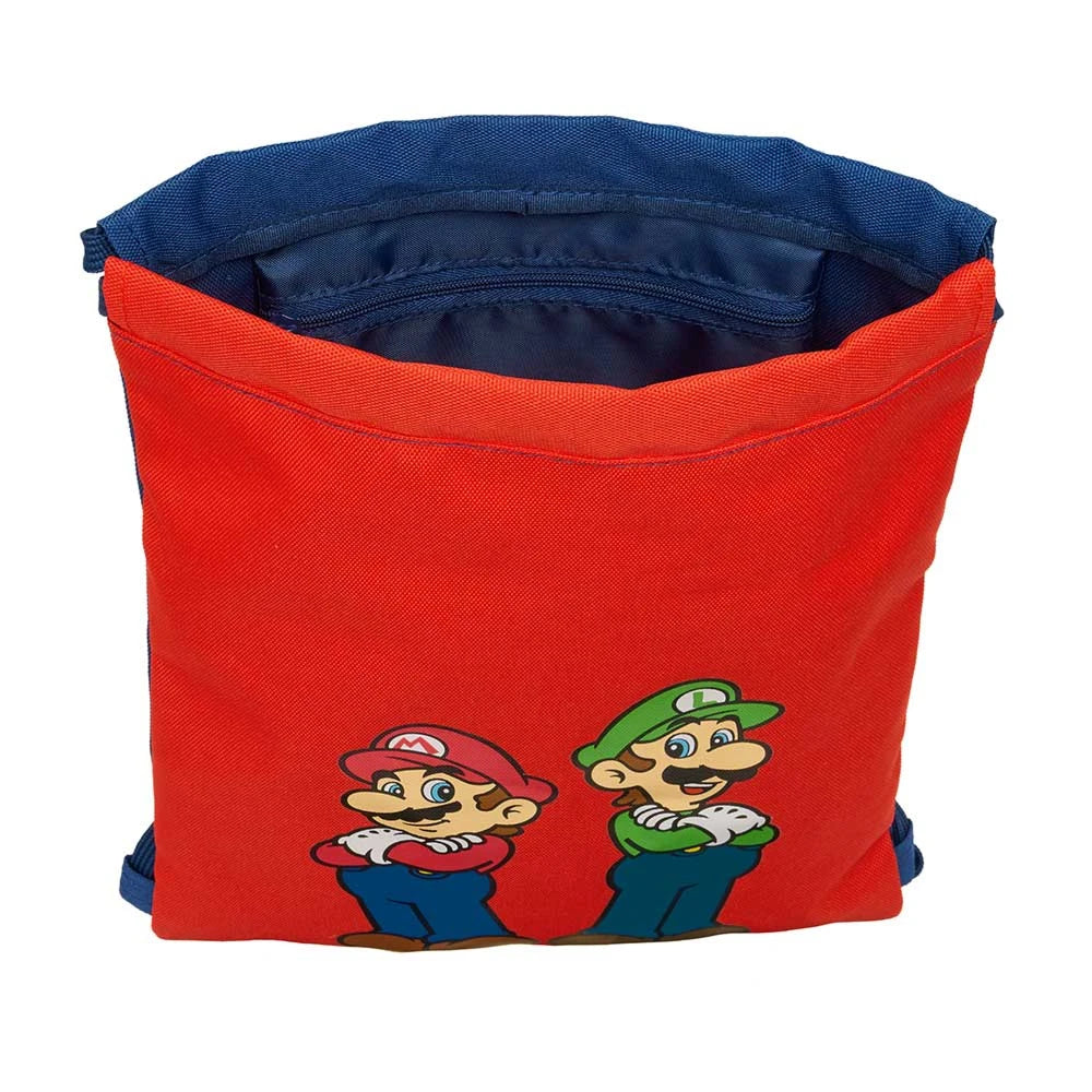 Roter Turnbeutel mit Mario und Luigi, blauer Innenraum und Reißverschlussfach