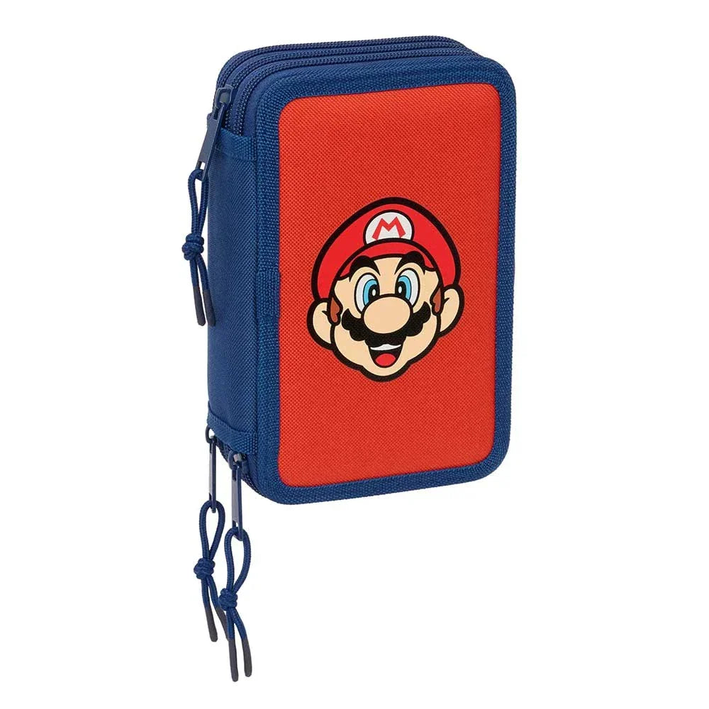 Rotes und blaues Federmäppchen mit Mario-Gesicht